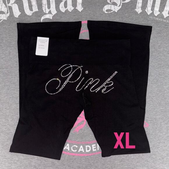 PINK Victoria's Secret Pants - VS PINK Limited Edition Bling Pure Black Foldover Waist Flare Legging XL Short